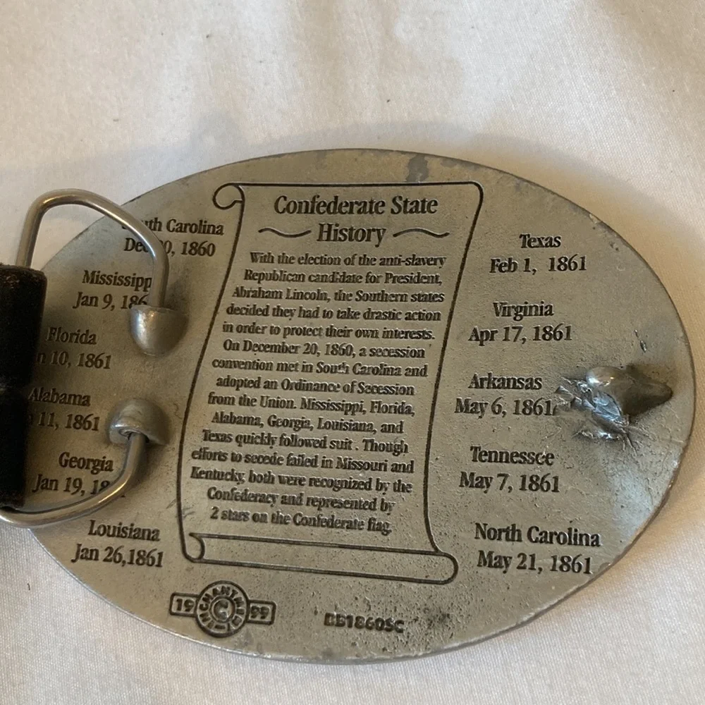 Vintage SC Confederate State History Belt & Buckle Black Leather, 1999
